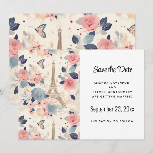Blume und Eiffelturm Paris Pattern Wedding Save The Date (Vorne/Hinten)