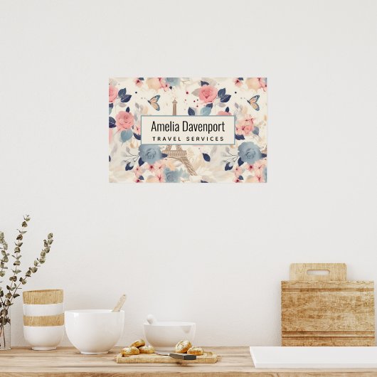 Blume und Eiffelturm-Reisemuster Poster (Küche)