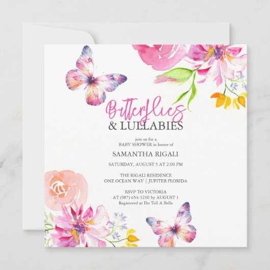 Blume und Einladungen für die Butterfly Baby Dusch (Vorderseite)
