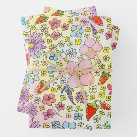 Blume und Erdbeeren Geschenkpapier Set (Beispiel)