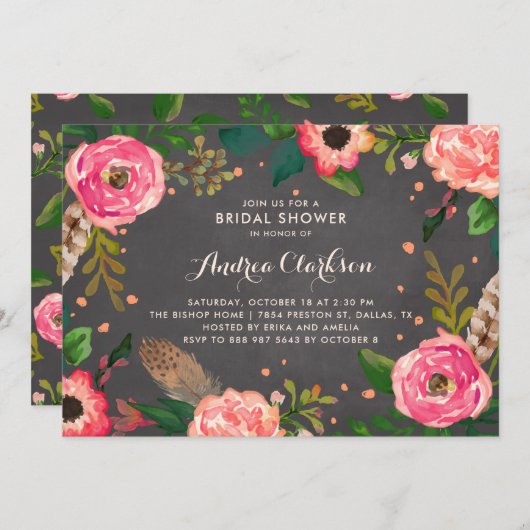 Blume und Feathers Chalkboard Brautparty Einladung (Vorne/Hinten)