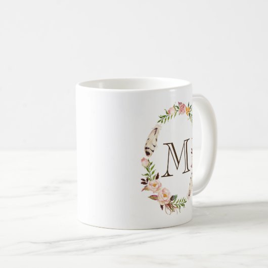 Blume und Federn Boho Wreath Monogram Kaffeetasse (VorderseiteRechts)