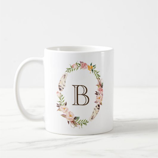 Blume und Federn Boho Wreath Monogram Kaffeetasse (Links)