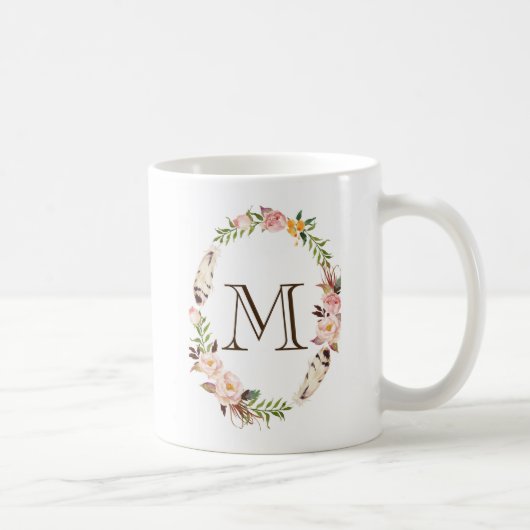 Blume und Federn Boho Wreath Monogram Kaffeetasse (Rechts)
