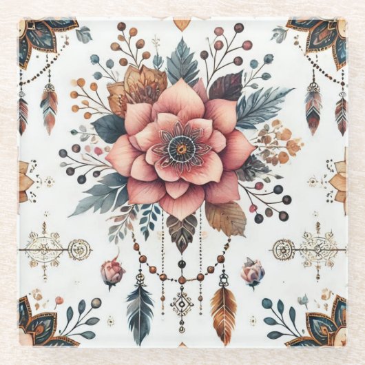 Blume und Federn Glasuntersetzer (Vorderseite)