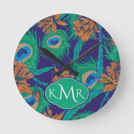 Blume und Federn | Monogramm Runde Wanduhr (Vorderseite)
