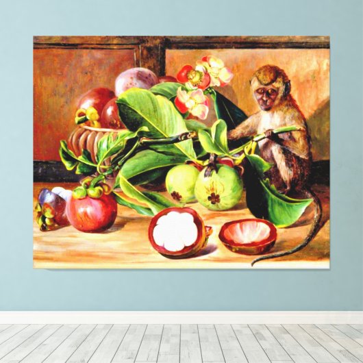 Blume und Früchte von Mangosteen; Singapur-Affe Leinwanddruck (Insitu (Holzboden))