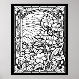Blume und Gebirge: Glasfenster mit festem Glas Poster
