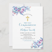 Blume- und Goldkreuz | Junge Erste Heilige Kommune Einladung (Vorderseite)