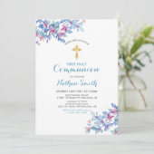 Blume- und Goldkreuz | Junge Erste Heilige Kommune Einladung (Stehend Vorderseite)