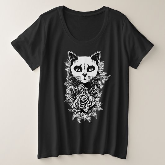 Blume und Gothic Cat Große Größe T-Shirt (Design vorne)