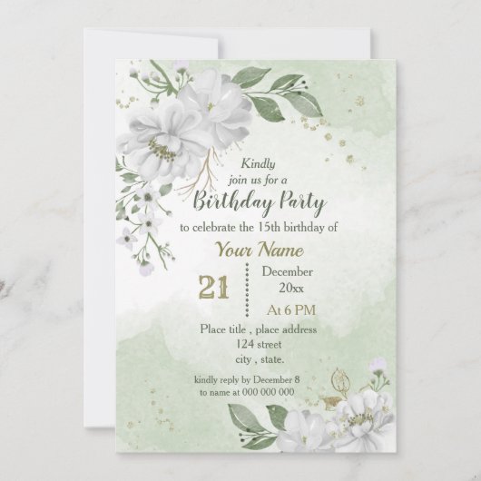 Blume und grüne Blätter Geburtstag Einladung (Vorderseite)