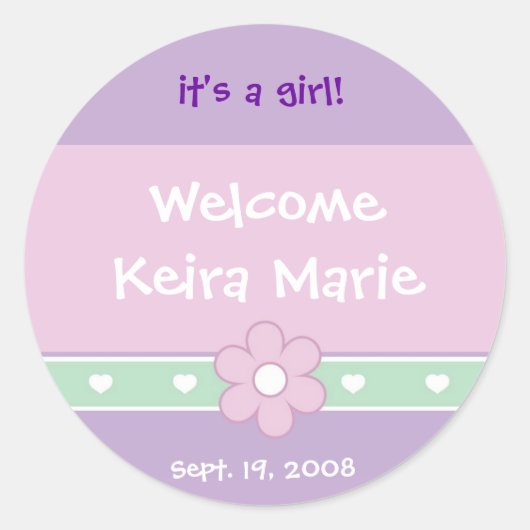 Blume und Herzen "It's a Girl" Ankündigung Runder Aufkleber (Vorderseite)