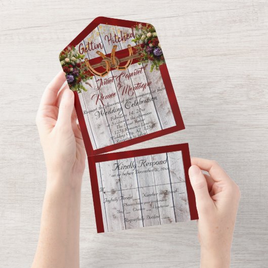 Blume und Hufeisen, rotes Band All In One Einladung (Abreißen)