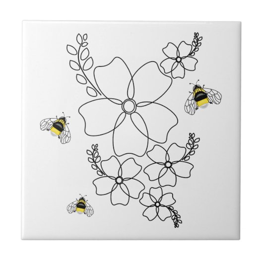 Blume und Hummeln im minimalistischen Stil Fliese (Vorderseite)