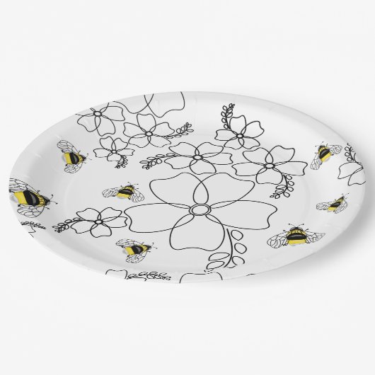 Blume und Hummeln im minimalistischen Stil Pappteller (Schrägansicht)