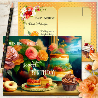 Blume und Kuchen zum Geburtstag Postkarte