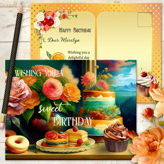 Blume und Kuchen zum Geburtstag Postkarte
