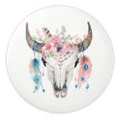 Blume und Kuhschädel Rustikale Glam Feder Keramikknauf (Vorderseite)