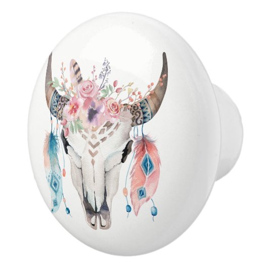 Blume und Kuhschädel Rustikale Glam Feder Keramikknauf (Rechts)