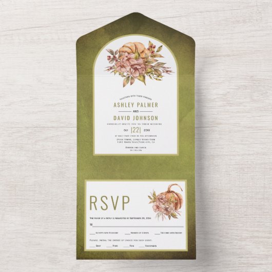 Blume und Kürbisoliven, grüne Hochzeit im Herbst All In One Einladung (Innen Boden)