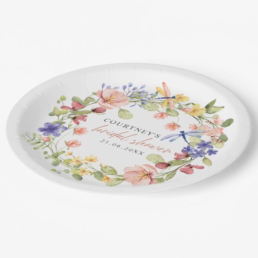 Blume und Libellen Romantisches Brautparty Pappteller (Schrägansicht)