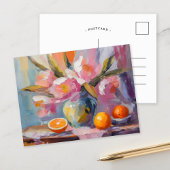 Blume und Orangen Modernes Stillleben Postkarte