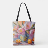 Blume und Orangen Modernes Stillleben Tasche (Rückseite)