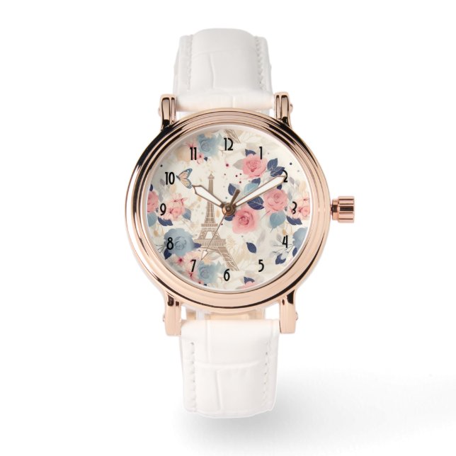 Blume und Pariser Reisemuster des Eiffelturms Armbanduhr (Vorderseite)
