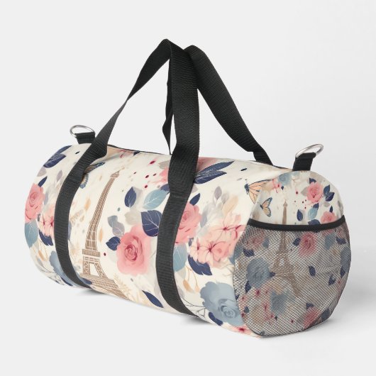 Blume und Pariser Reisemuster des Eiffelturms Duffle Bag (Rechte Ecke)