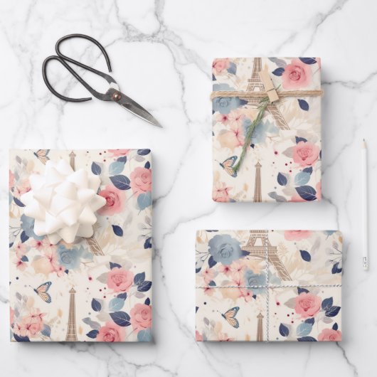 Blume und Pariser Reisemuster des Eiffelturms Geschenkpapier Set (Vorderseite)
