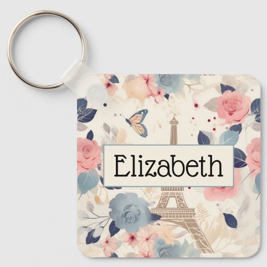 Blume und Pariser Reisemuster des Eiffelturms Schlüsselanhänger (Vorderseite)