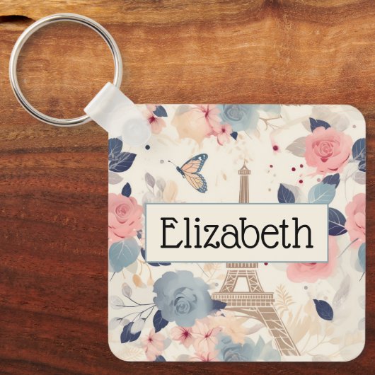 Blume und Pariser Reisemuster des Eiffelturms Schlüsselanhänger (Vorderseite)