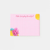 Blume und Pink Gingham Post-it Klebezettel (Vorderseite)