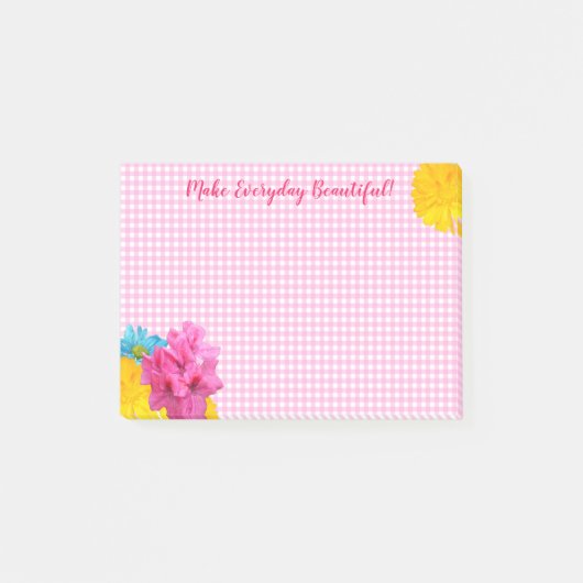Blume und Pink Gingham Post-it Klebezettel (Vorderseite)