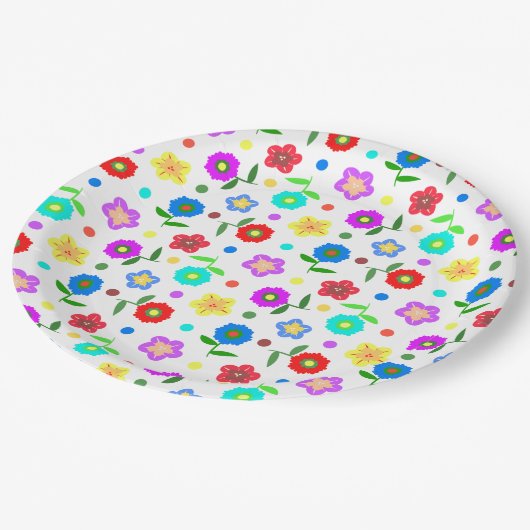 Blume und Polka-Punkte Pappteller (Schrägansicht)