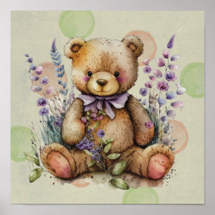 Blume und Punkte von Braunteddy-Bären Poster