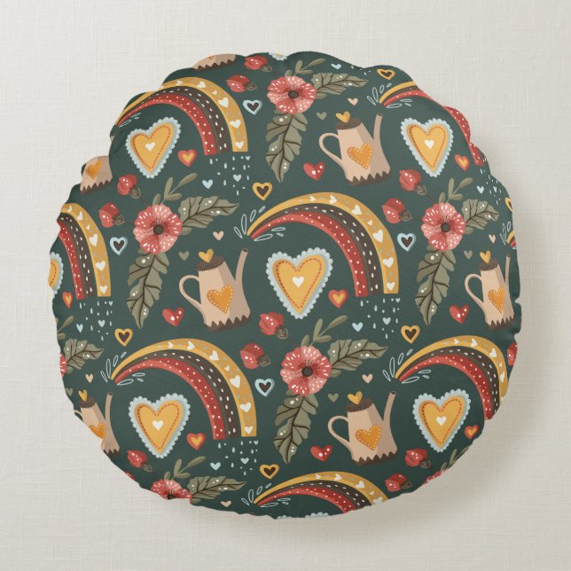 Blume und Rainbows Boho Pattern Rundes Kissen (Vorderseite)