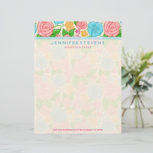 Blume und Rose in rosa Blau und Beige Briefbogen (Stehend Vorderseite)