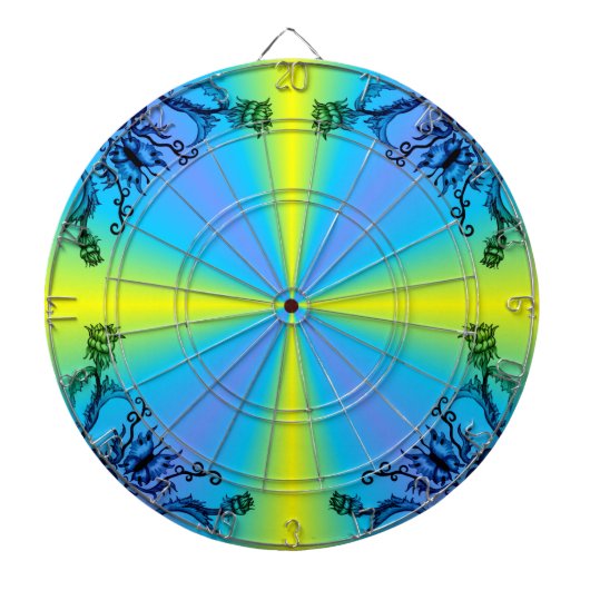 Blume und Schmetterling auf blaugelbem Regenbogen Dartscheibe (vorne)