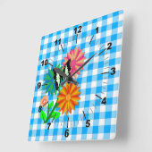 Blume und Schmetterling in Blue Vicky Quadratische Wanduhr (Winkel)