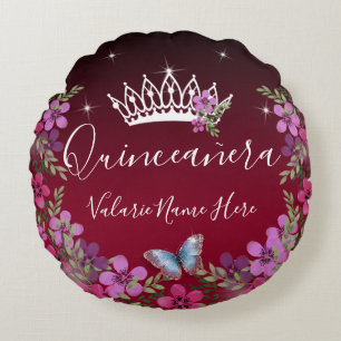 Blume und Schmetterling Quinceanera Burgund Rundes Kissen