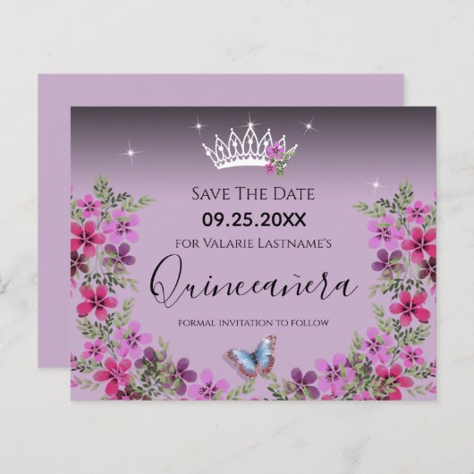 Blume und Schmetterling Quinceanera Save the Date (Vorne/Hinten)
