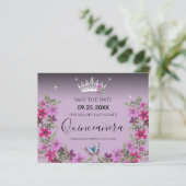 Blume und Schmetterling Quinceanera Save the Date (Stehend Vorderseite)