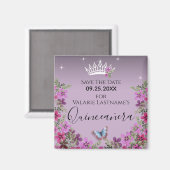 Blume und Schmetterling Quinceanera Save the Date Magnet (Vorderseite/Rückseite)
