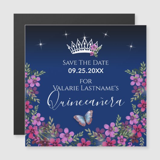 Blume und Schmetterling Quinceanera Save the Date Magnetkarte (Vorne/Hinten)