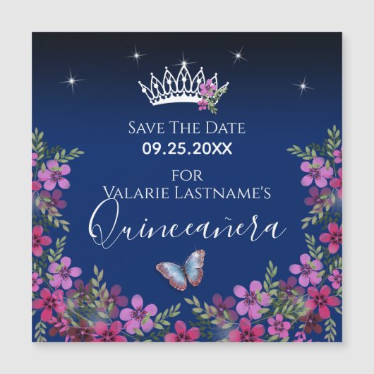 Blume und Schmetterling Quinceanera Save the Date Magnetkarte (Vorderseite)