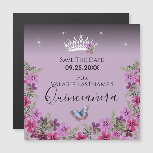 Blume und Schmetterling Quinceanera Save the Date Magnetkarte (Vorne/Hinten)