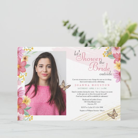 Blume und Schmetterlinge Bleibe oder gehen Dusche Einladung (Stehend Vorderseite)