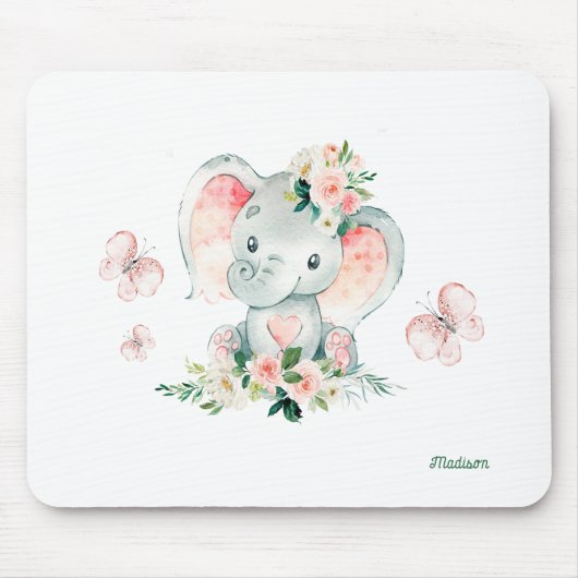 Blume und Schmetterlinge für niedliche Elefanten Mousepad (Vorne)